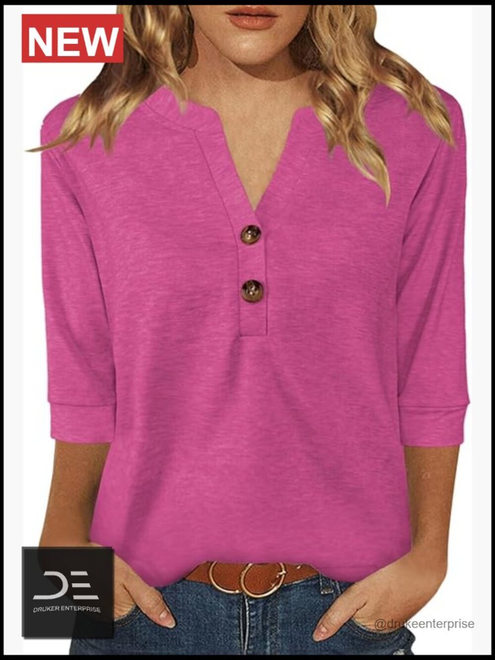 3/4 Sleeve V Neck Button Down Blouse Business Casual